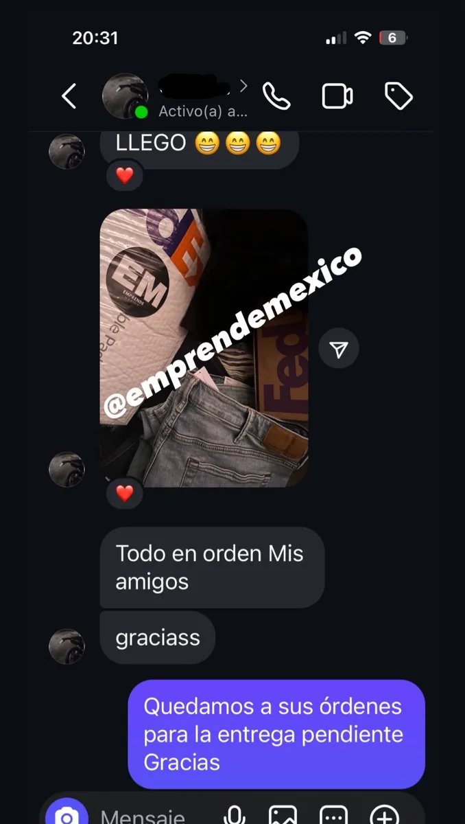 Captura de cliente confirmando la recepción de su pedido